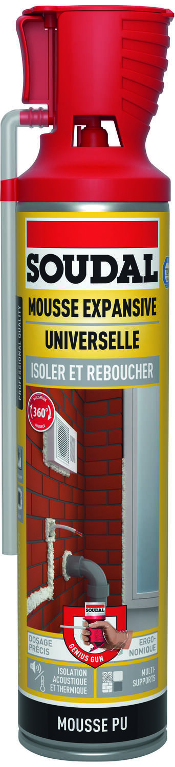 Mousse expansive Isoler et Reboucher 360° avec pistolet 500ml - SOUDAL