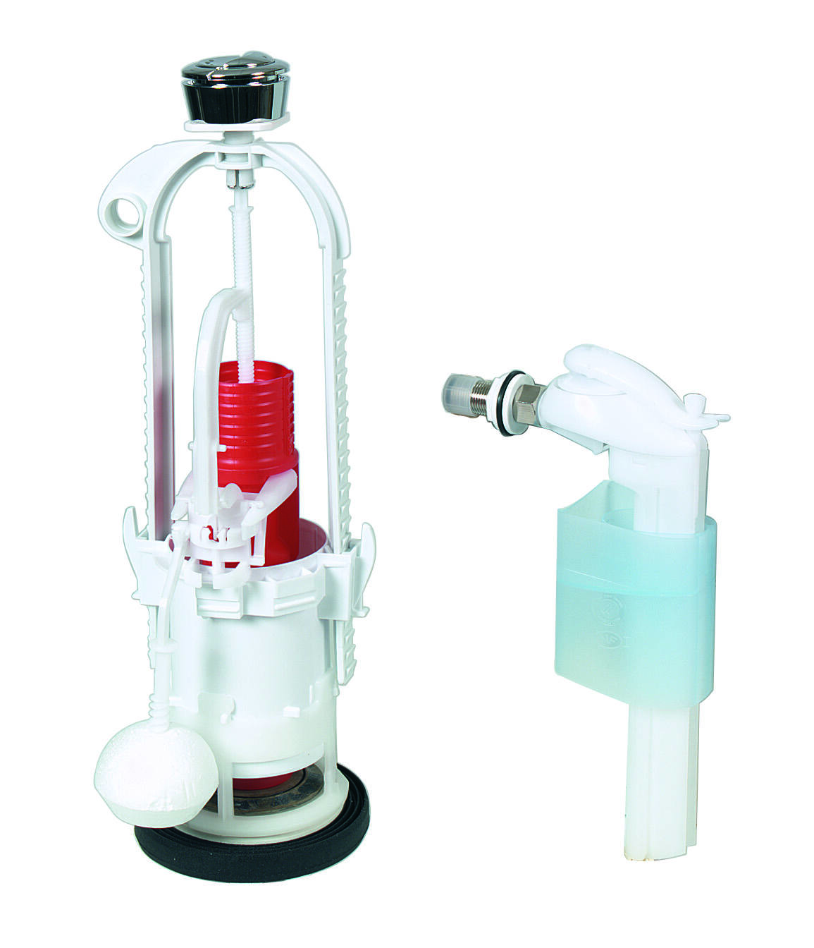 Mécanisme de chasse double poussoir à étrier + robinet flotteur servo-valve