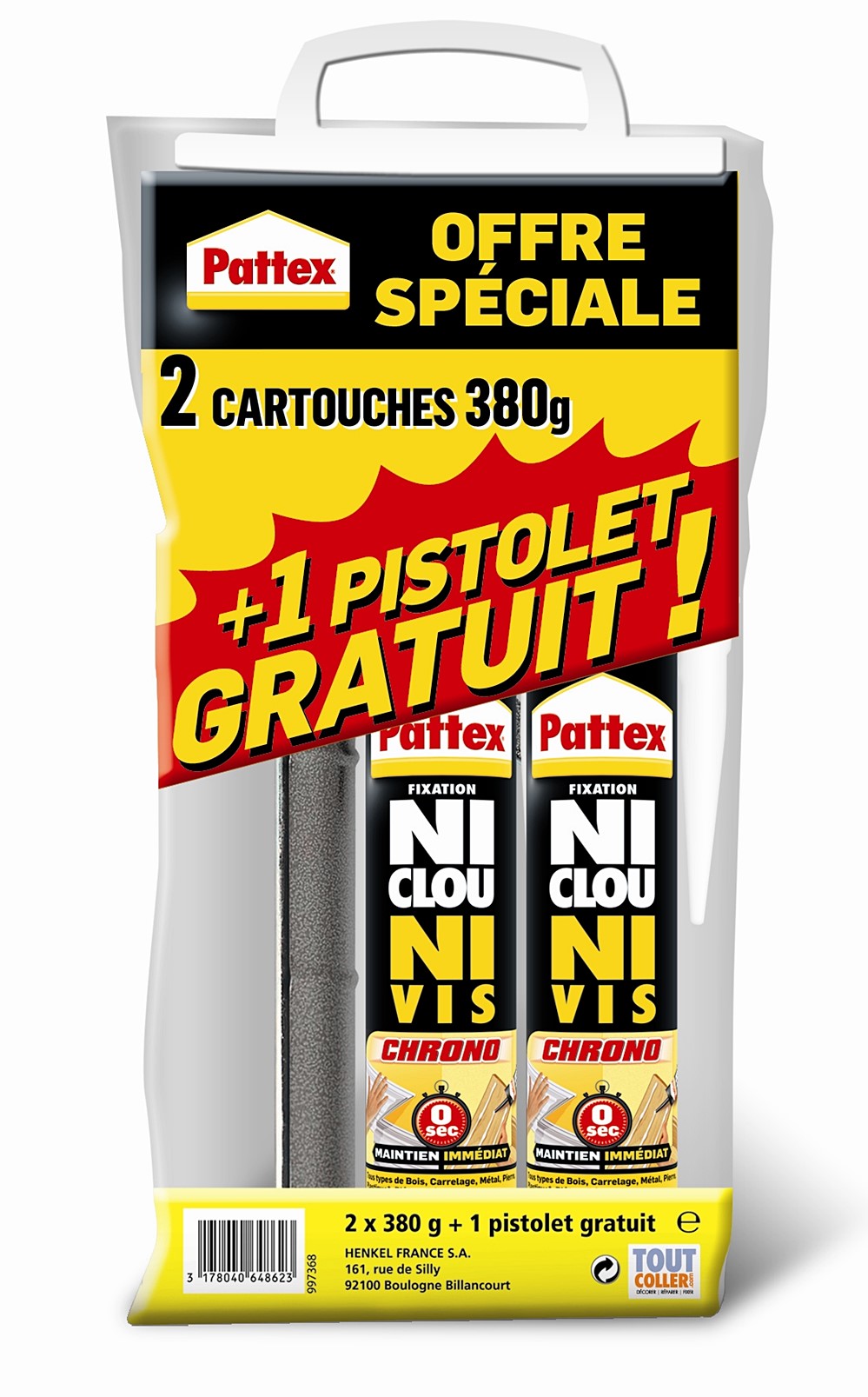 Colle Ni Clou Ni Vis Chrono 2x380gr + 1 Pistolet - PATTEX