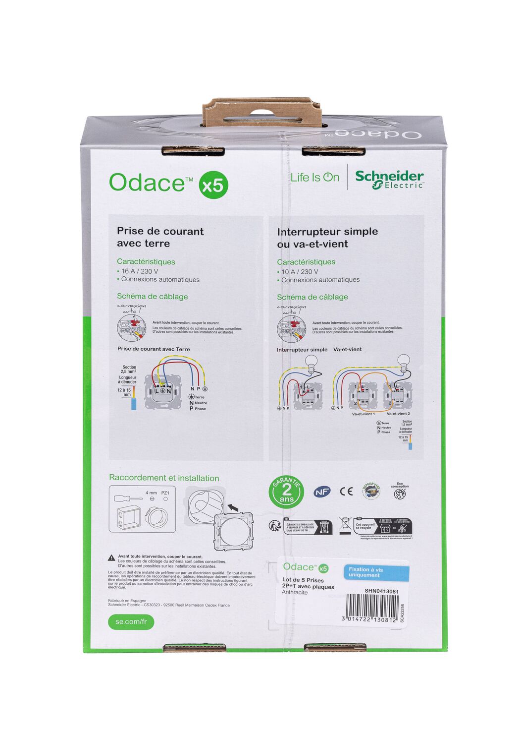 5 prises affleurantes avec plaques Odace anthracite - SCHNEIDER ELECTRIC