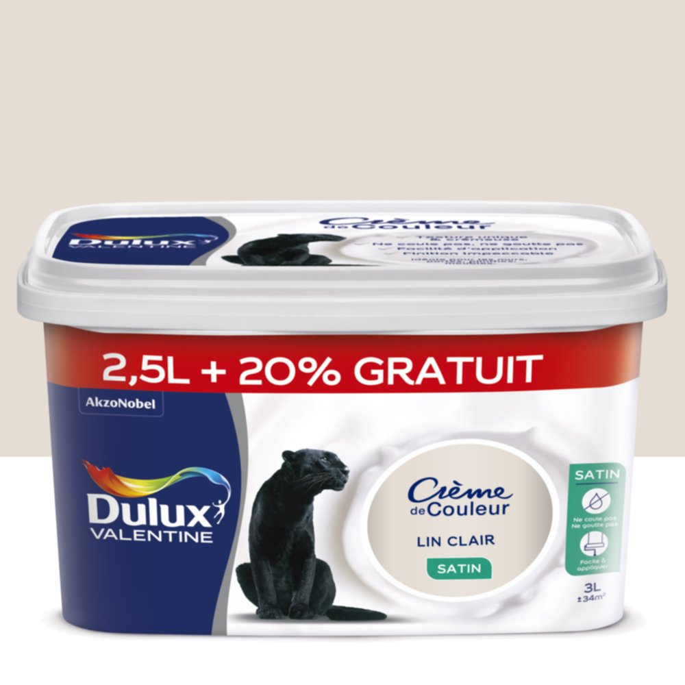 Peinture Crème de couleur Lin clair satin 2,5L+20% - DULUX VALENTINE