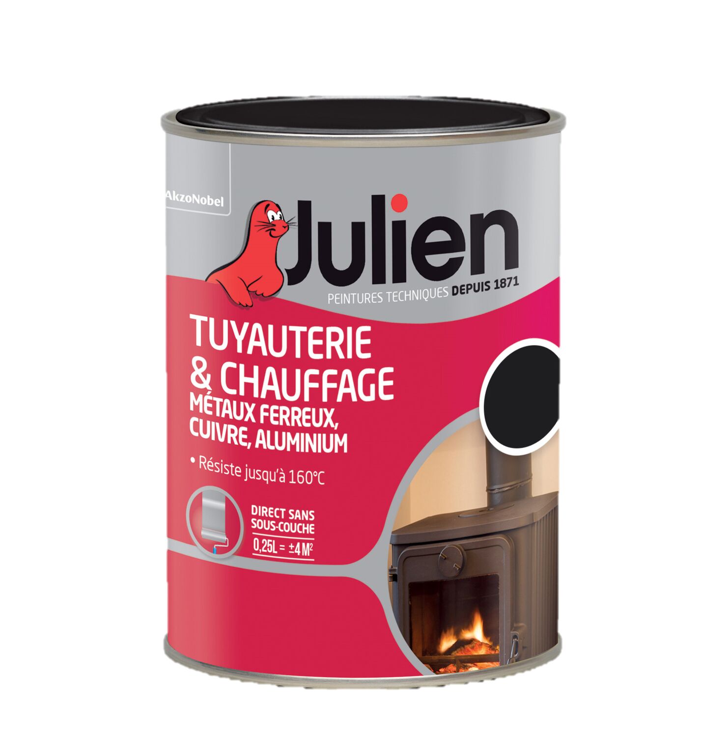 Peinture Spéciale Tuyauterie Chauffage Aspect Brillant 0,25L Noir - JULIEN