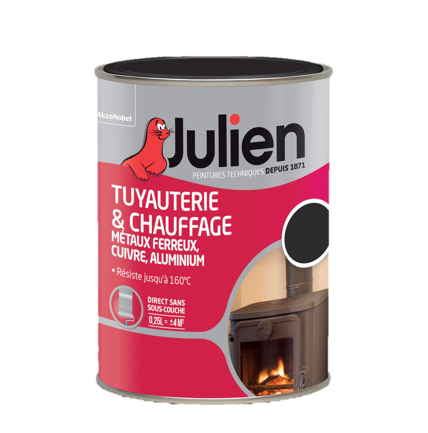 Peinture spéciale tuyauterie et chauffage mat Noir mat 0,25L - JULIEN