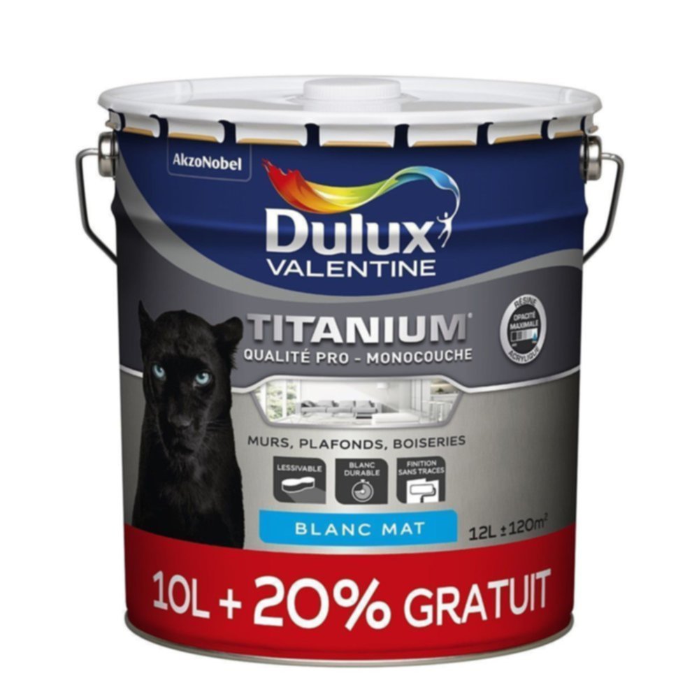 Peinture Murs & Plafonds Titanium Pro blanc Mat 10L+20% - DULUX VALENTINE