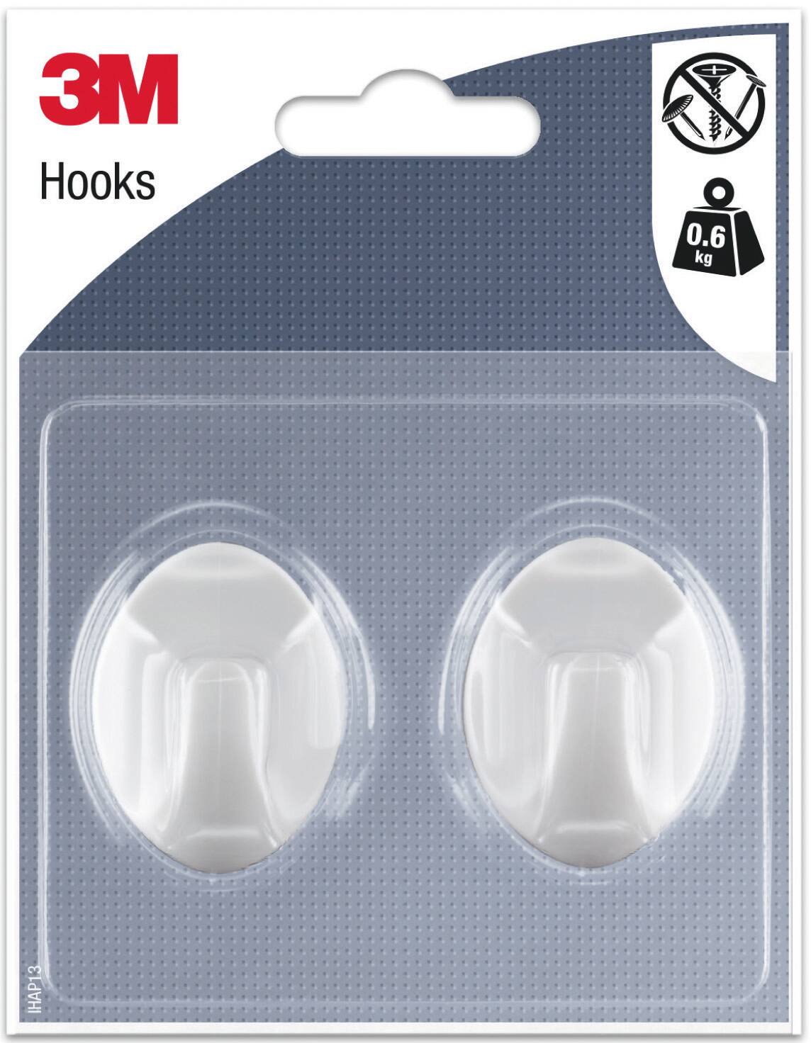 2 crochets adhésifs ovales en plastique blanc Moyen modèle - 3M