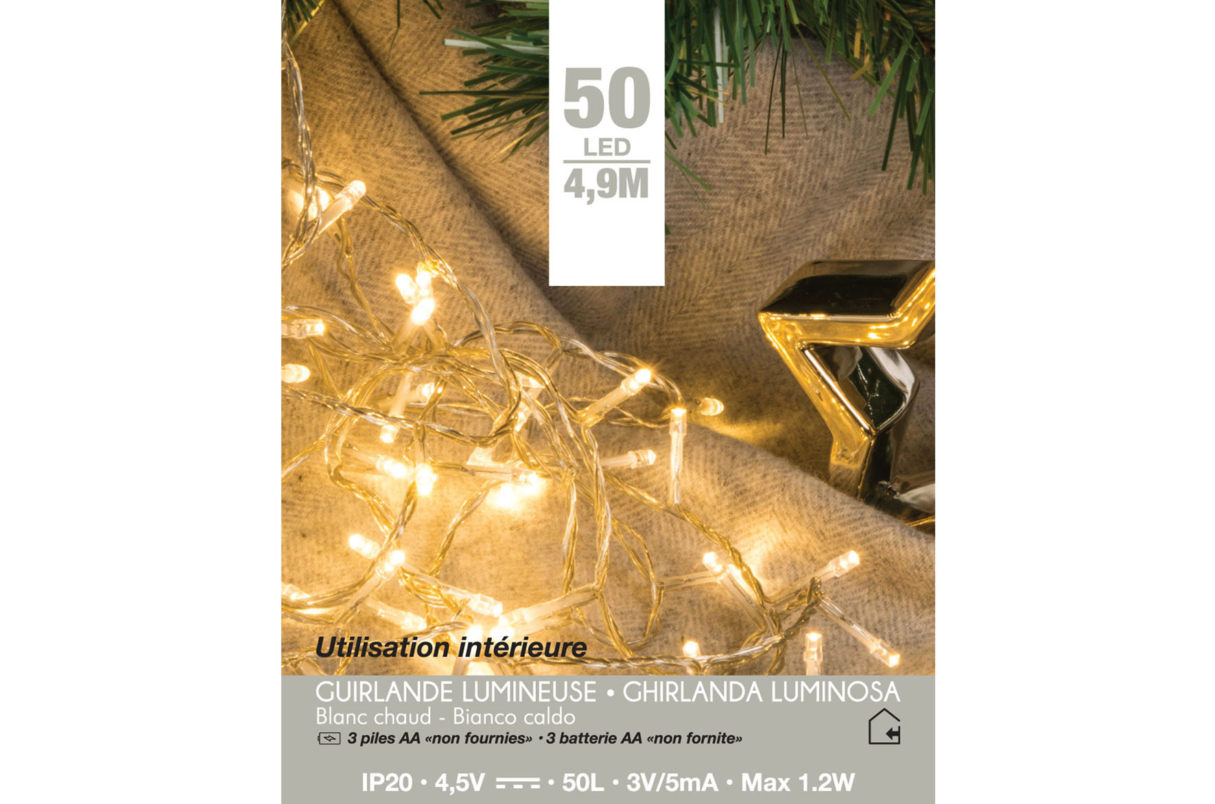 Guirlande intérieur 50 LED à pile blanc chaud 4,9m