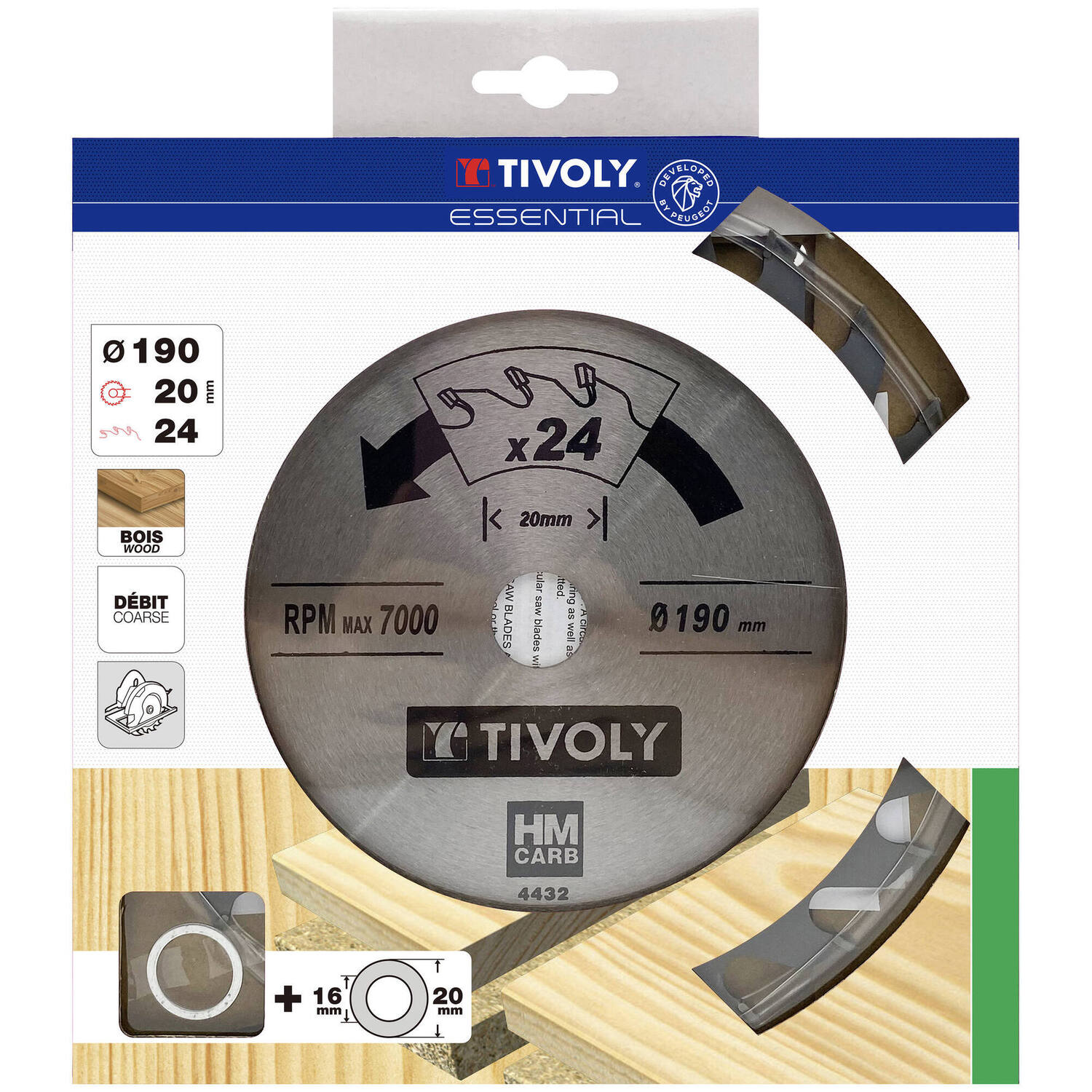 Lame scie circulaire bois Ø190 mm/24 dents alésage 20-16 mm