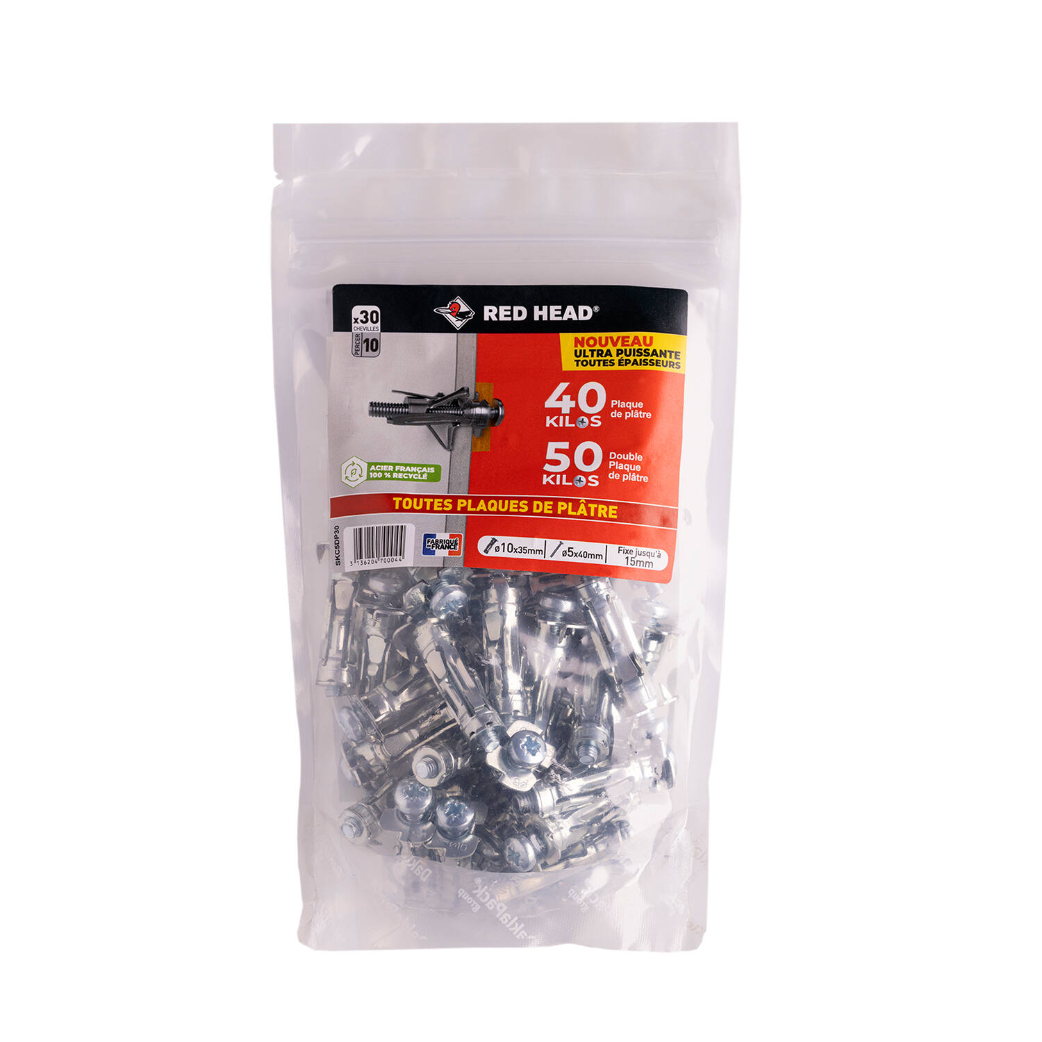 30 chevilles Superklix Ø10 x 35 mm + vis TR Ø5 x 40 mm - RED HEAD