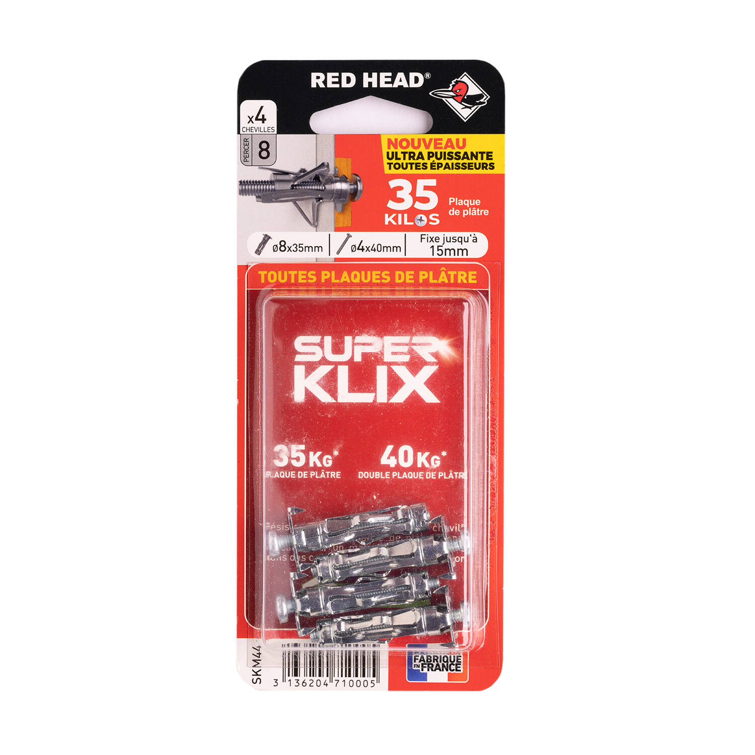 4 chevilles Superklix Ø8 x 35 mm + vis TR Ø4 x 40 mm - RED HEAD
