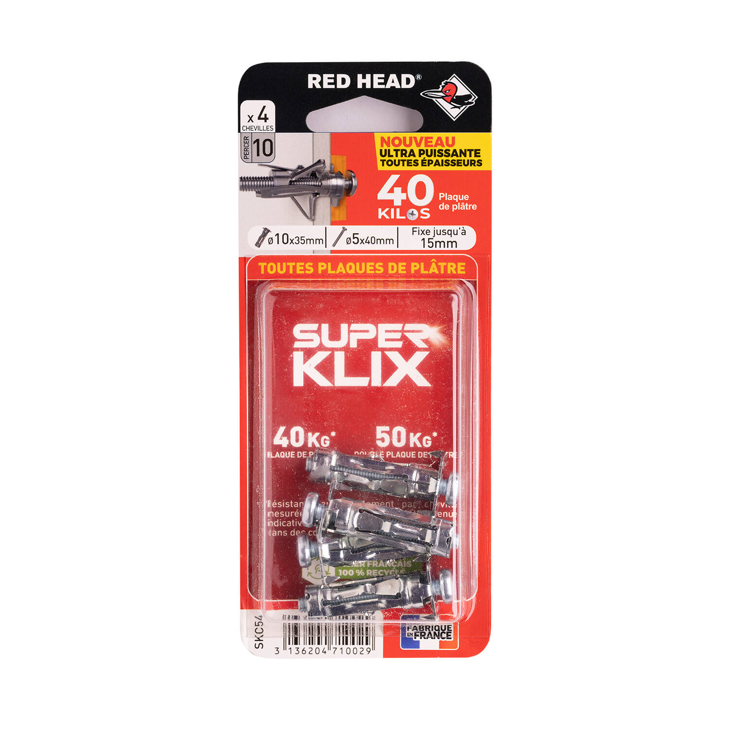 4 chevilles Superklix Ø10 x 35 mm + vis TR Ø5 x 40 mm - RED HEAD