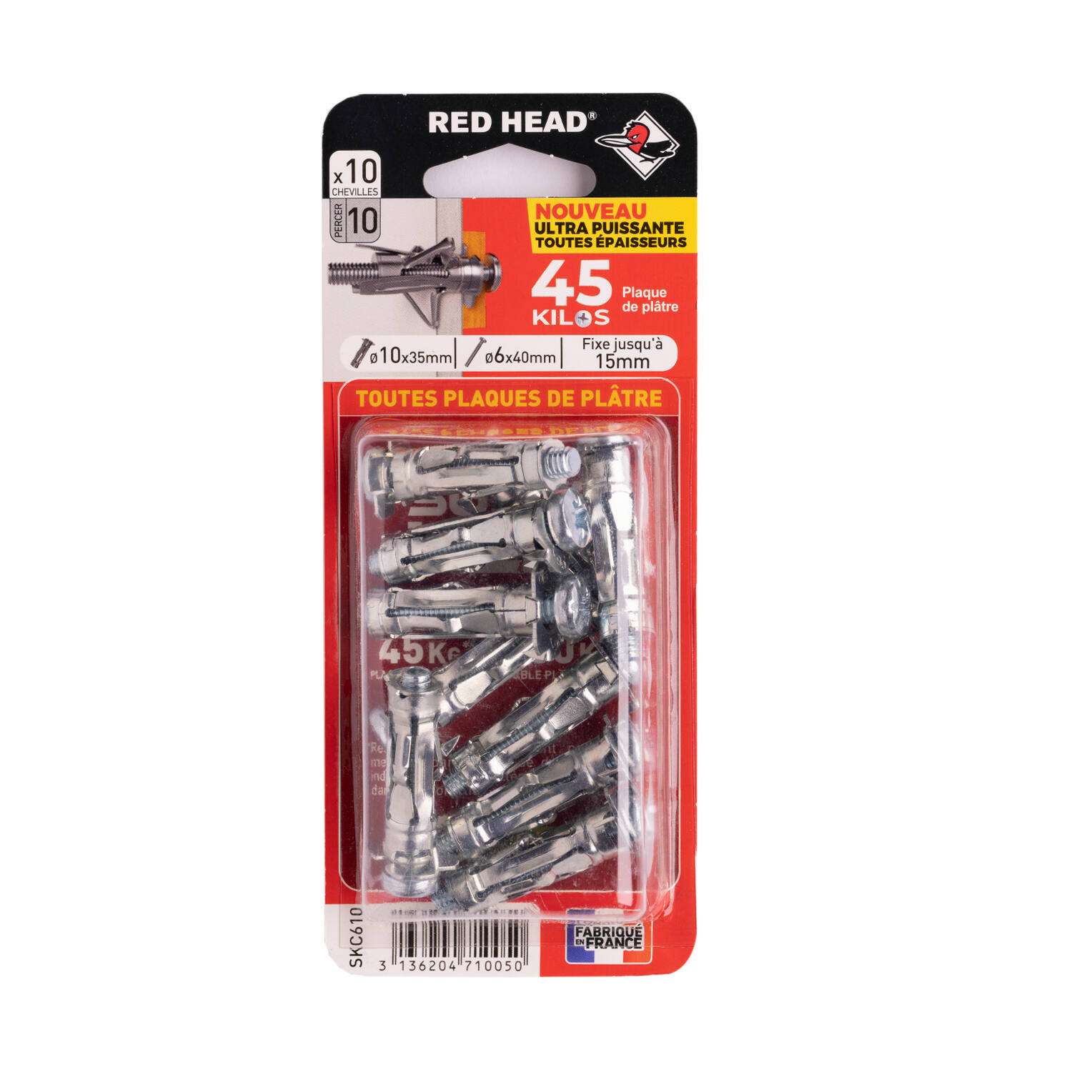 10 chevilles Superklix Ø10 x 35 mm + vis TR Ø6 x 40 mm - RED HEAD