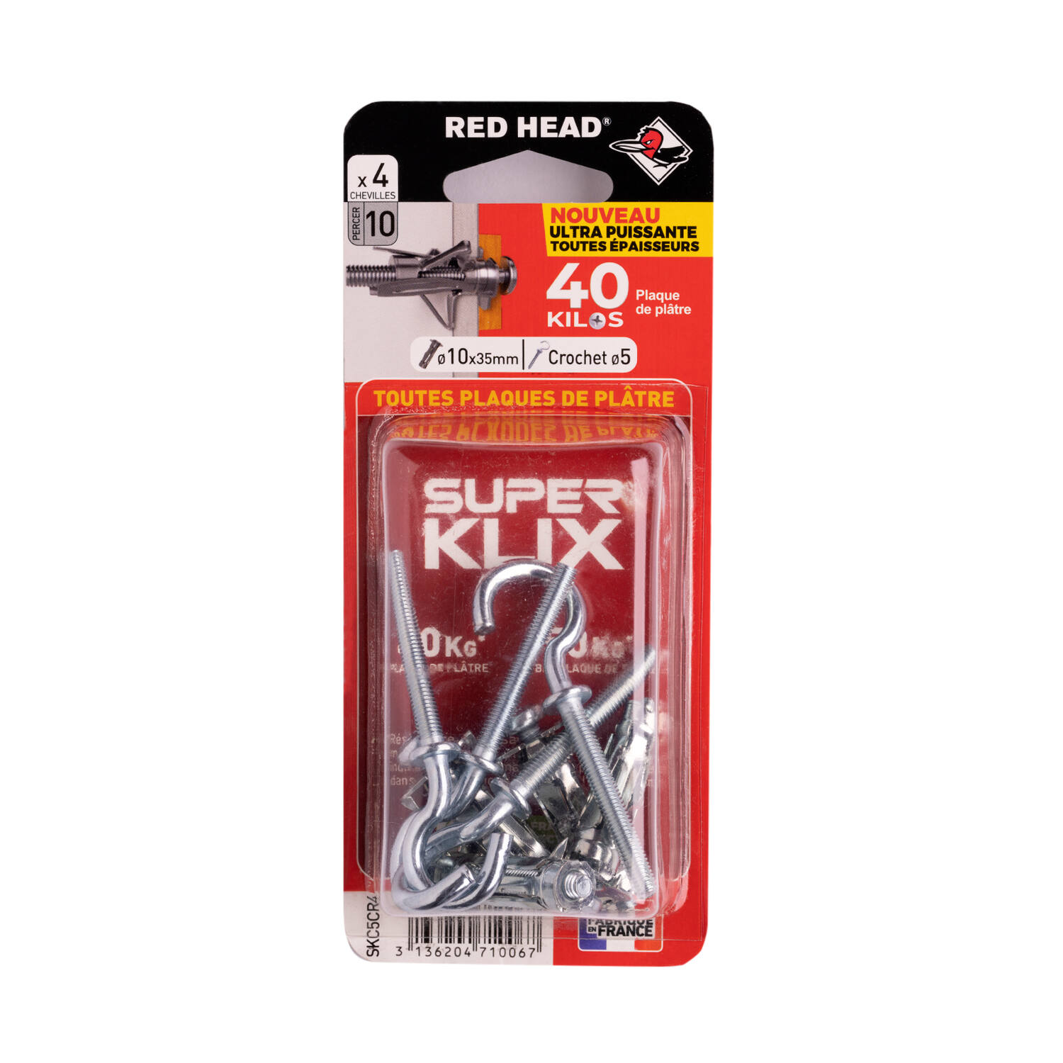 4 chevilles Superklix Ø10 x 35 mm + crochet Ø5 x 4 mm - RED HEAD