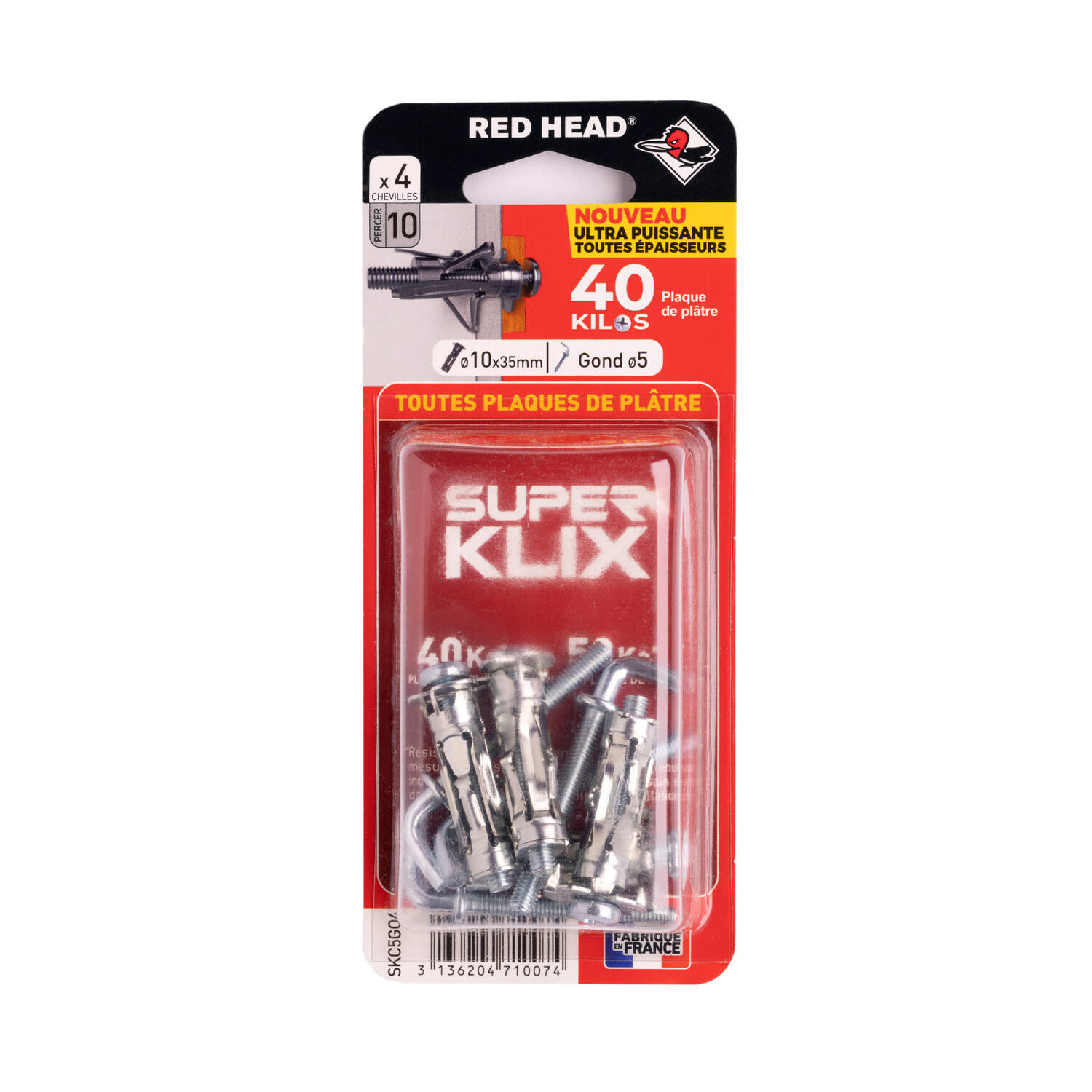 4 chevilles Superklix Ø10 x 35 mm + gond Ø5 x 4 mm - RED HEAD