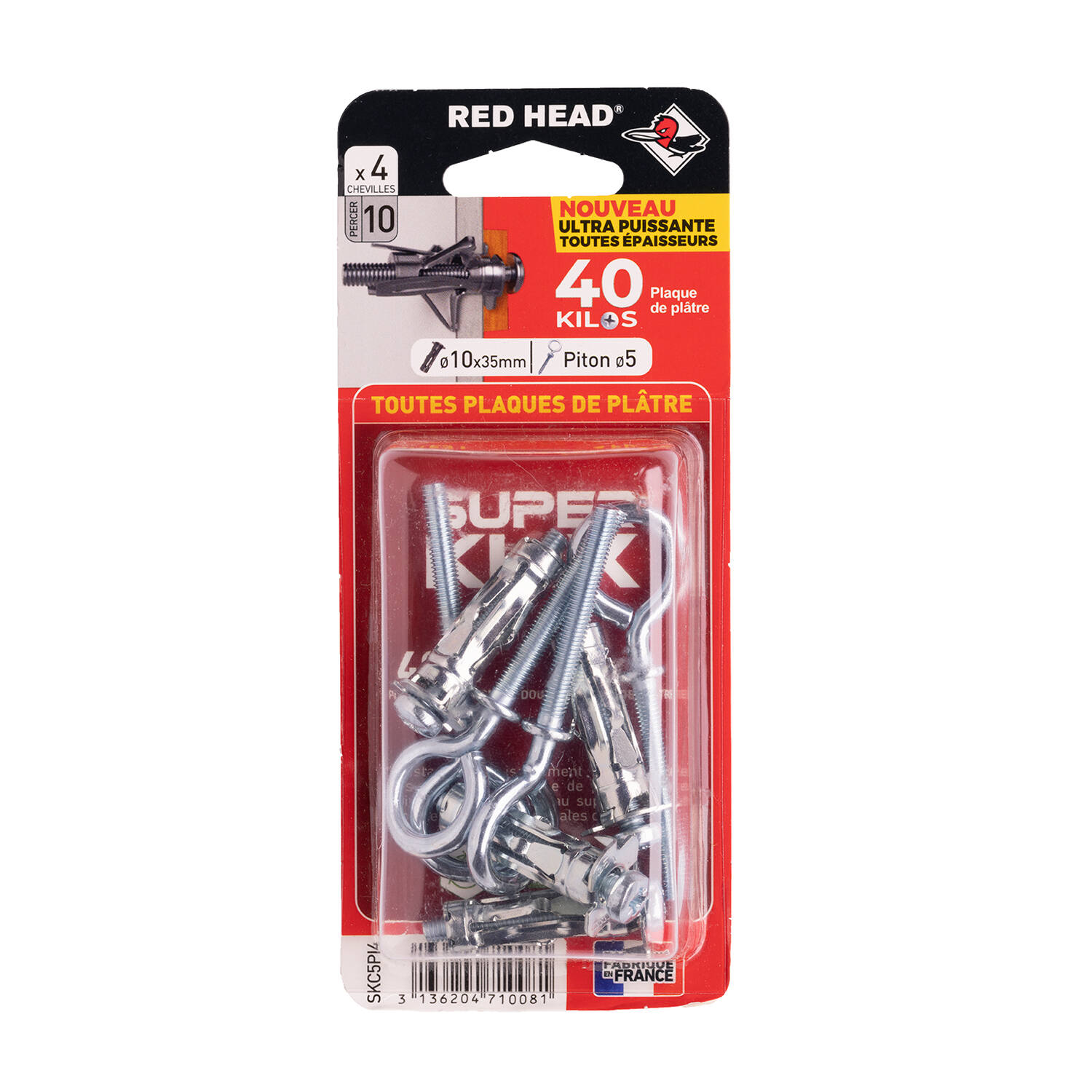 4 chevilles Superklix Ø10 x 35 mm + piton Ø5 x 4 mm - RED HEAD