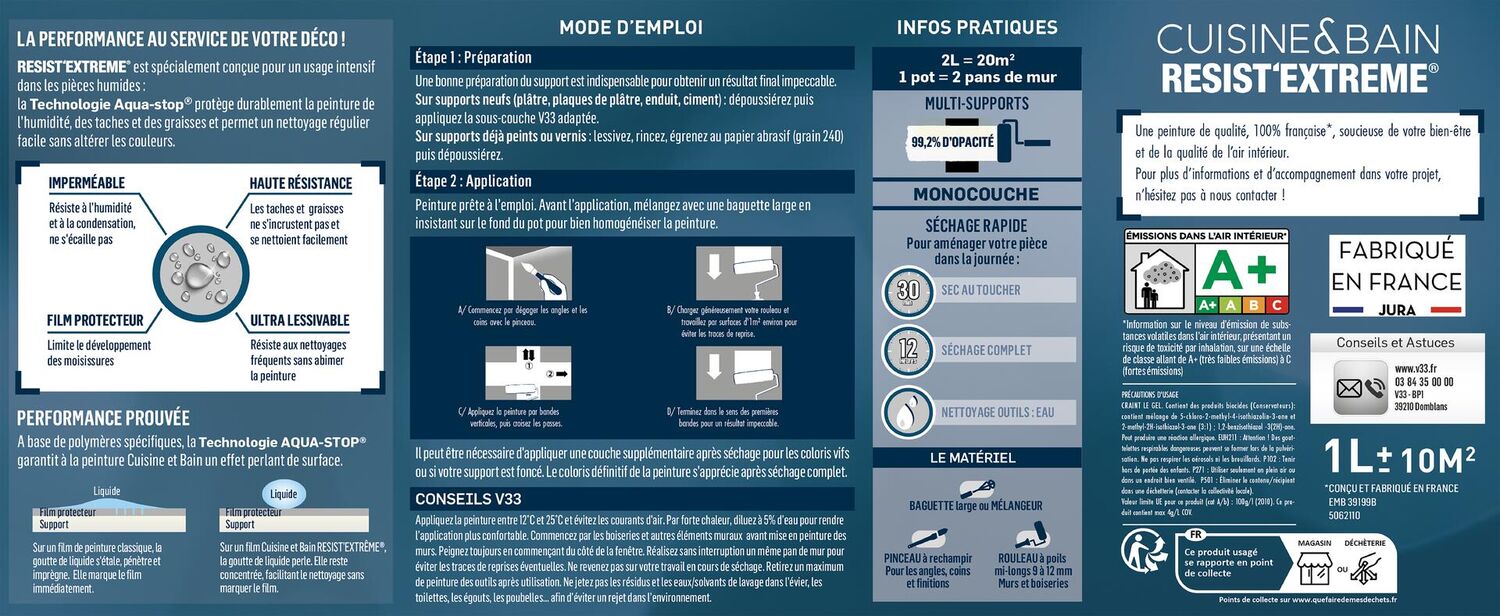 Peinture cuisine & bain Resist'Extrême bleu profond satin 2L - V33