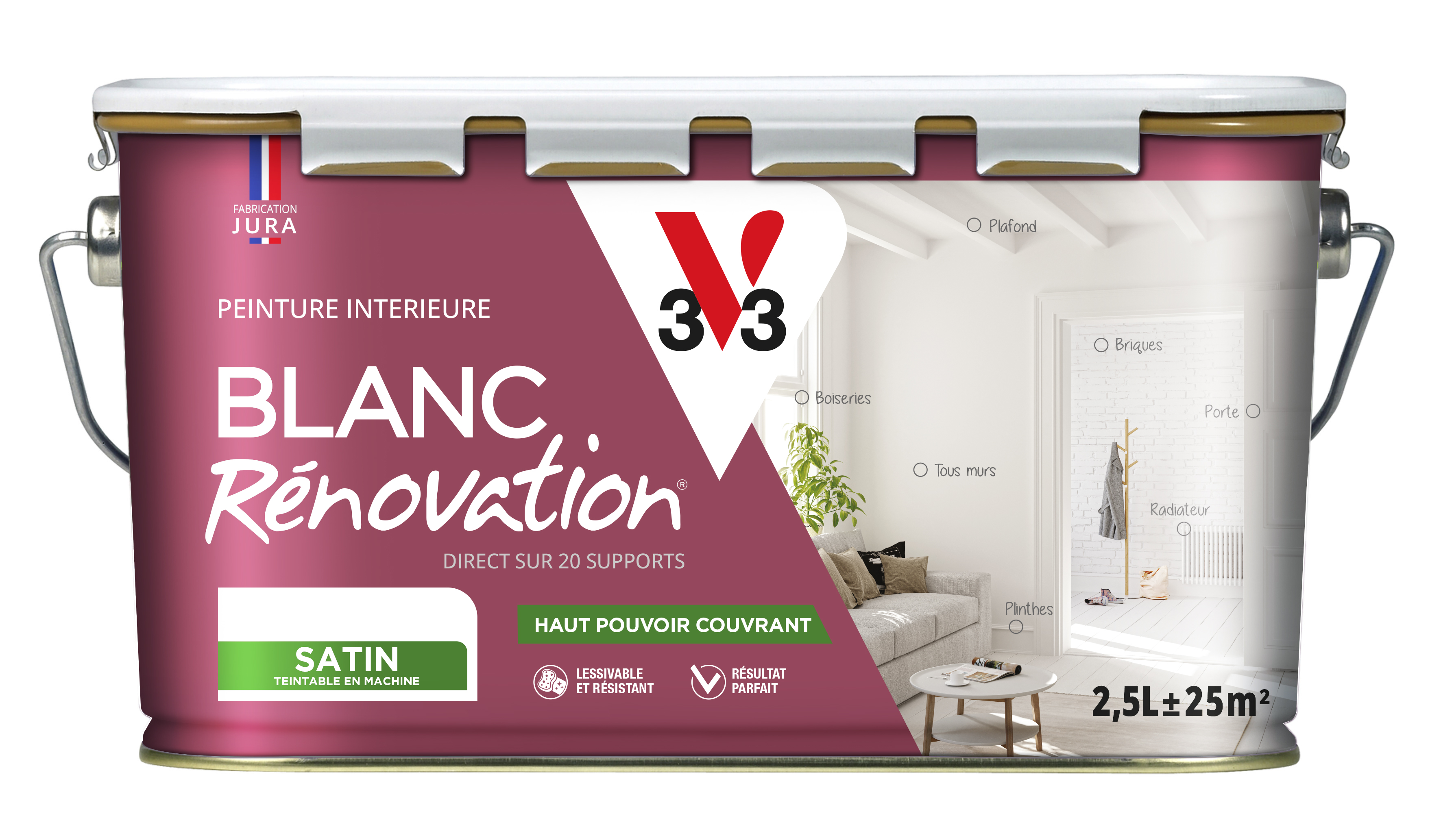 Peinture murs et plafonds blanc rénovation satin 2,5L - V33