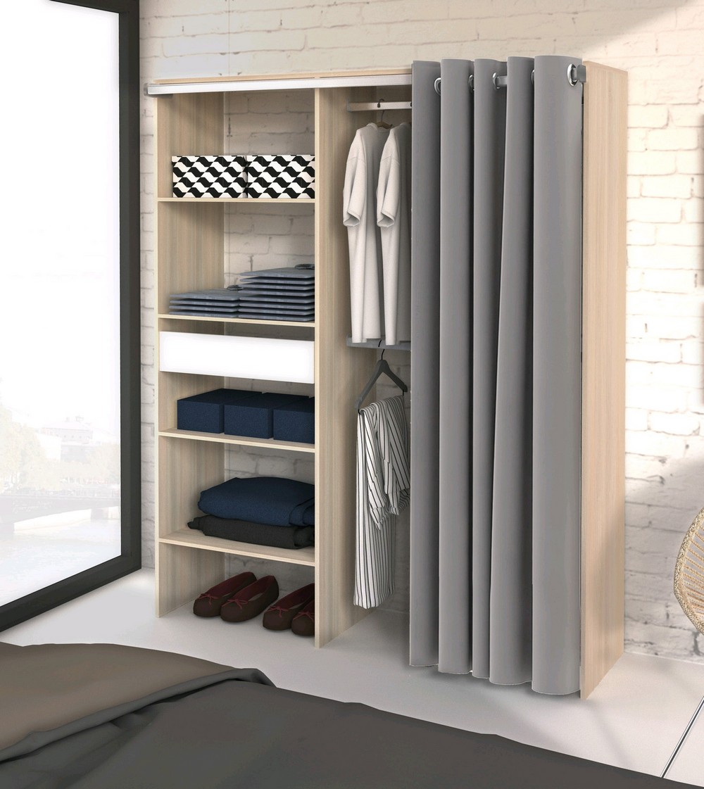 Dressing à rideau Bali L142xH181xP48cm Acacia + rideau gris