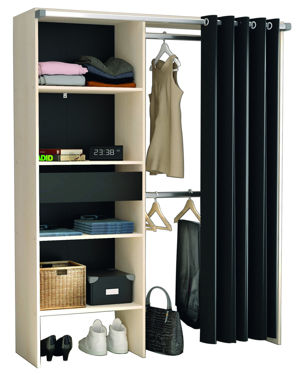 Dressing à rideau Bali Indus L143,5xH182xP48cm Acacia/Noir