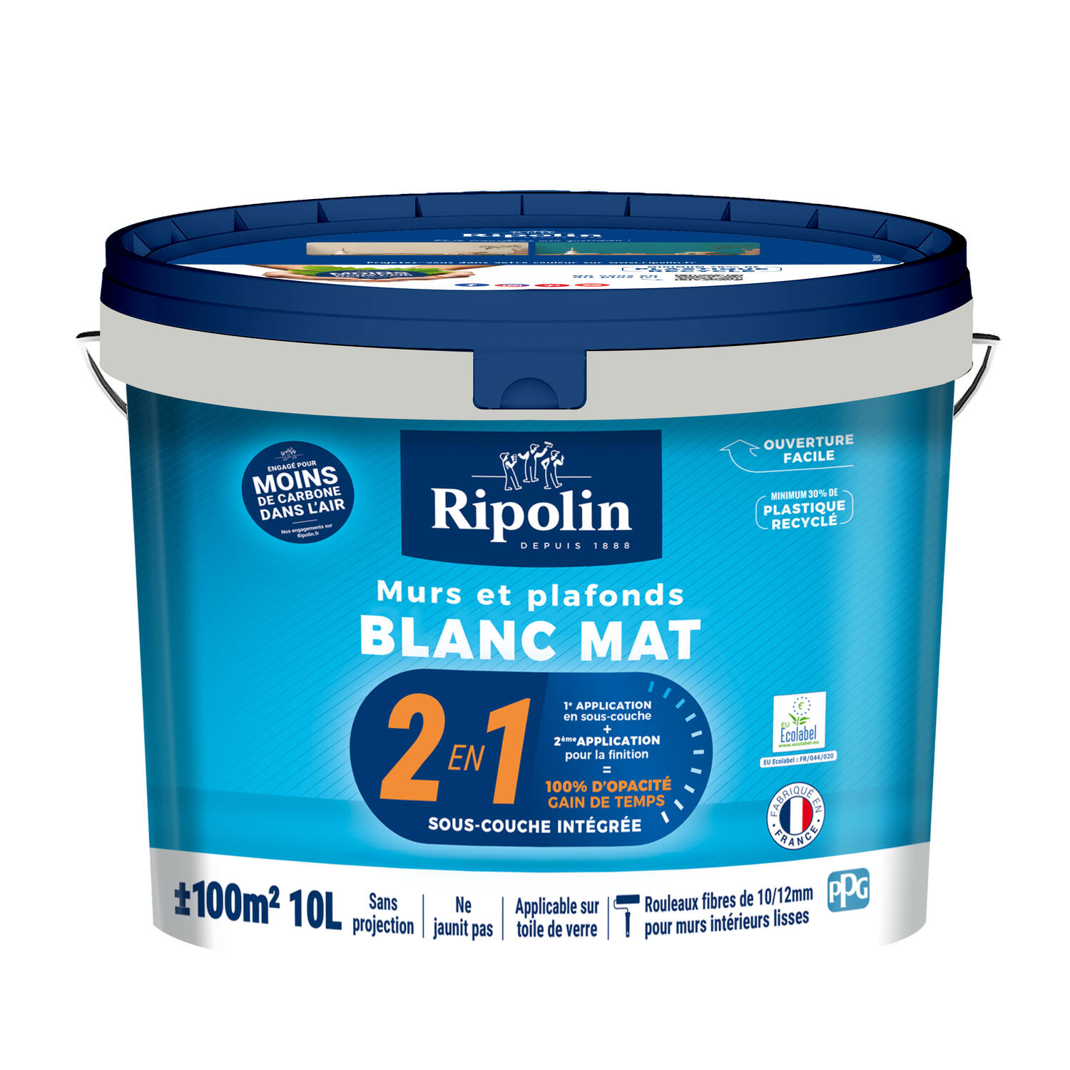 Peinture Murs & Plafonds avec Sous-Couche Intégrée blanc mat 10L - RIPOLIN