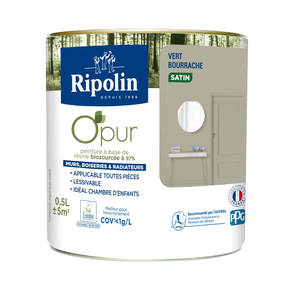 Peinture O'Pur Satiné Vert Bourrache 0,5L - RIPOLIN