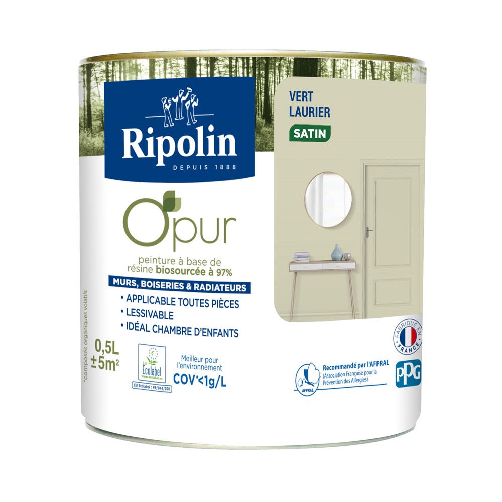 Peinture O'Pur Satiné Vert Laurier 0,5L RIPOLIN