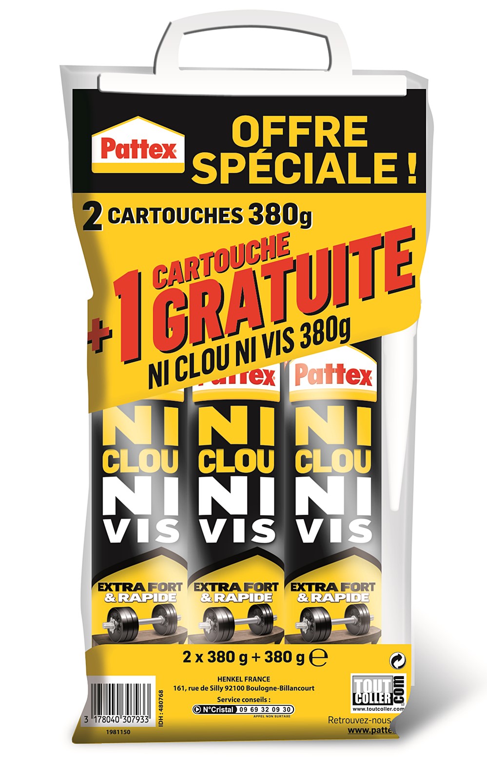 2+1 Cartouche colle Extra Forte Ni Clou Ni Vis 380gr - PATTEX