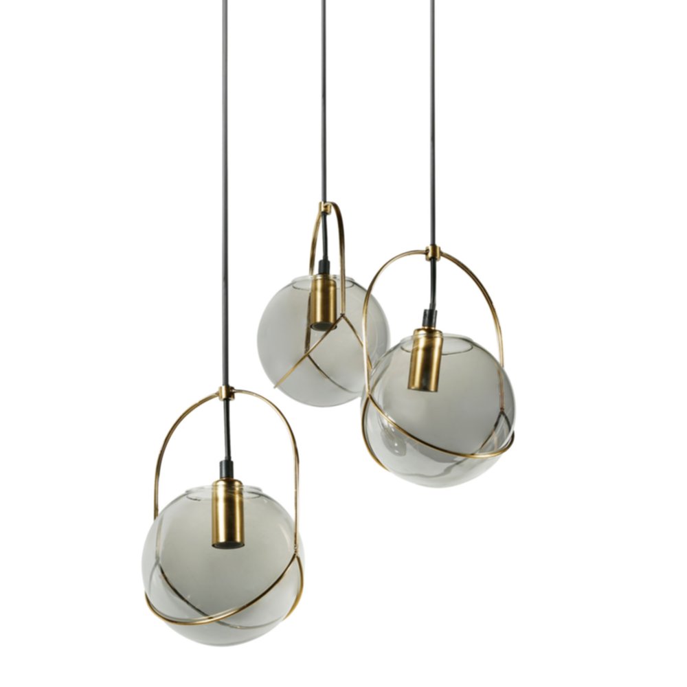 Suspension Triple Métal Globe Verre Fumé Eugénie Dorée 73x34x34cm 220V 40W