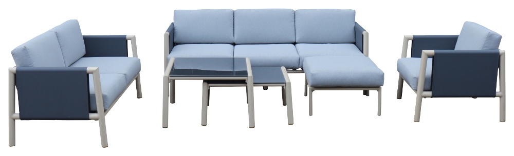 Salon de jardin OSKAR en aluminium imitation bois avec coussins coloris gris - 6 places