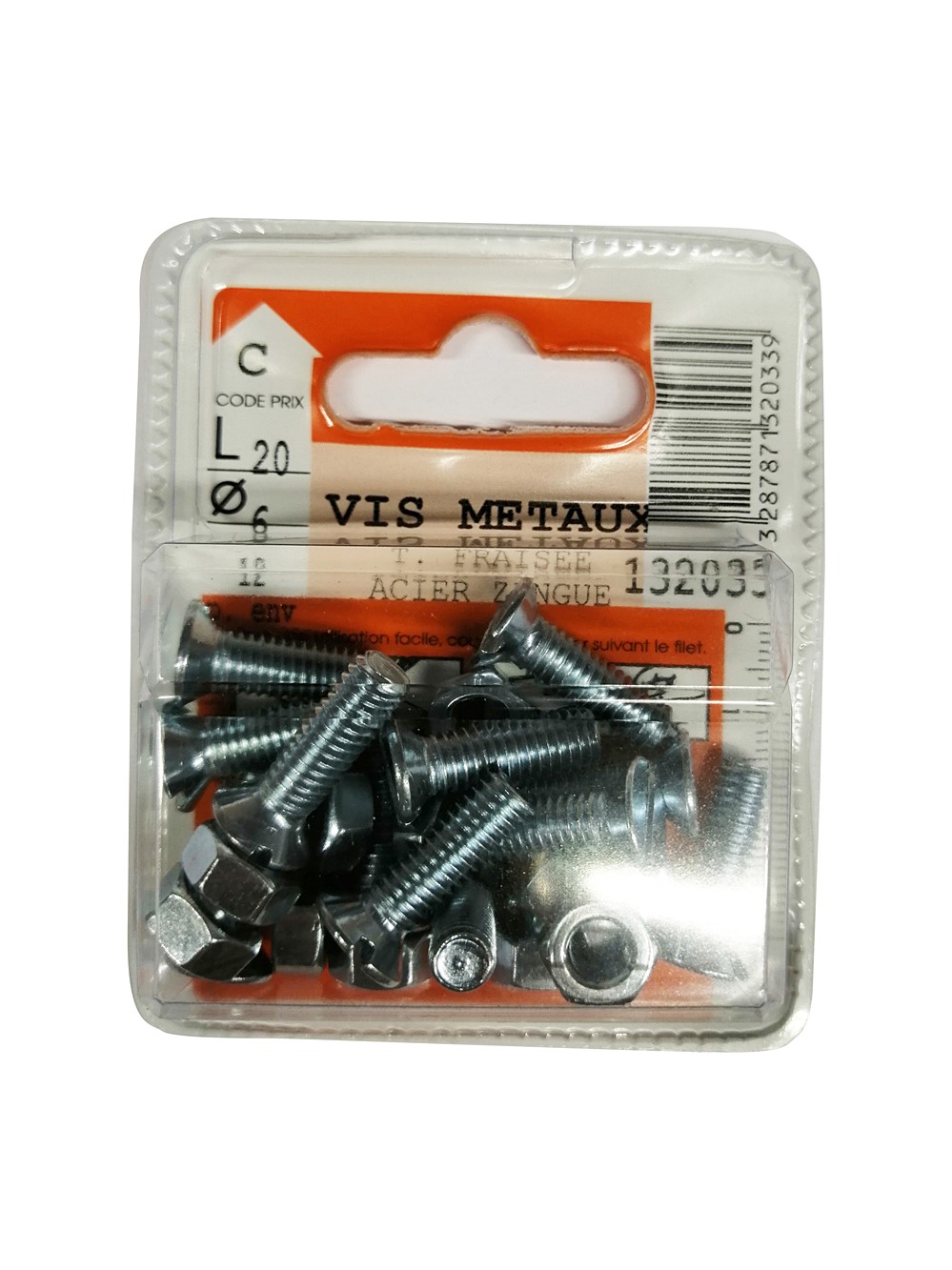 Vis métaux tête fraisée acier zingué 20x6mm - 12 pièces