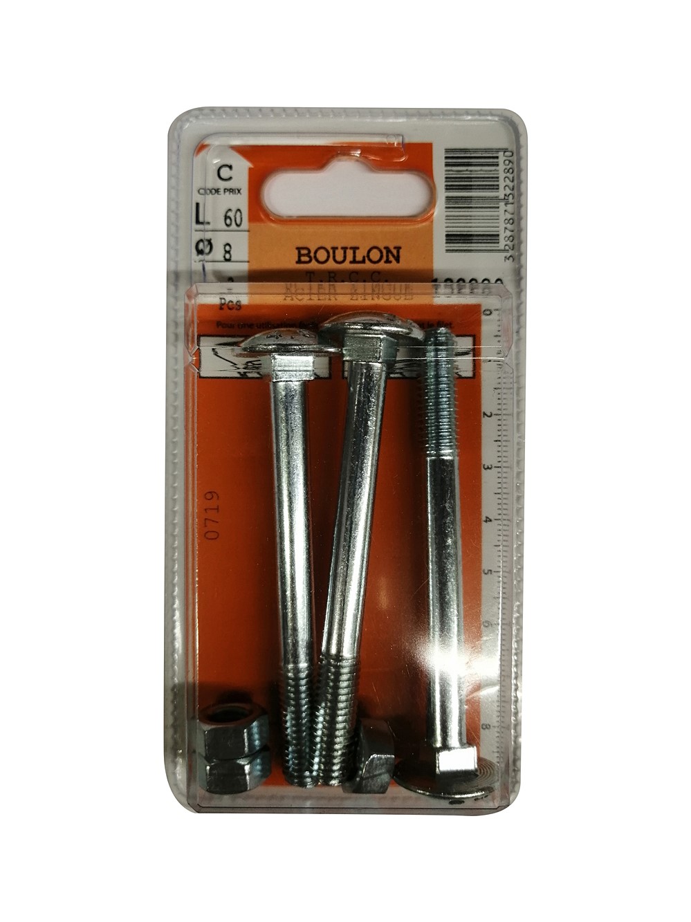 Boulons TRCC acier zingué 8x60mm - Les 3 pièces