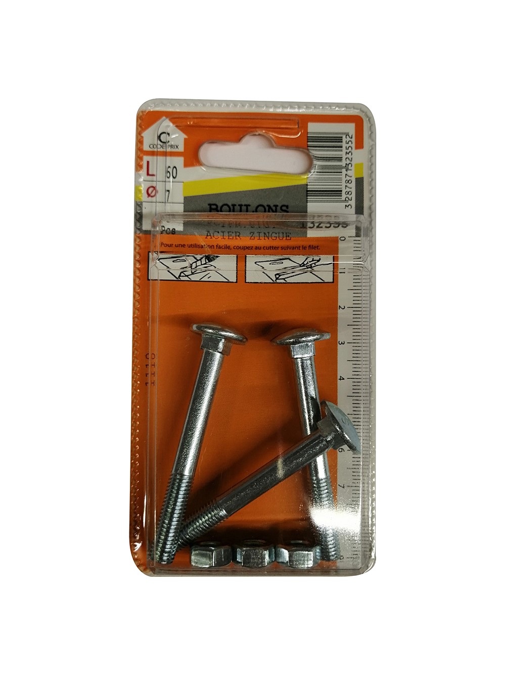 Boulons TRCC acier zingué 7x60mm - Les 3 pièces