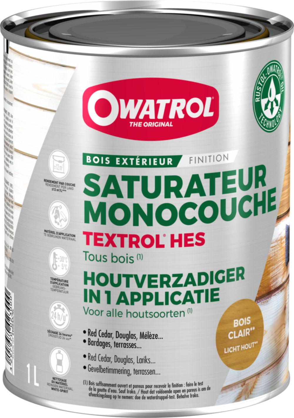 Saturateur monocouche tous bois Textrol HES bois clair 1L - OWATROL