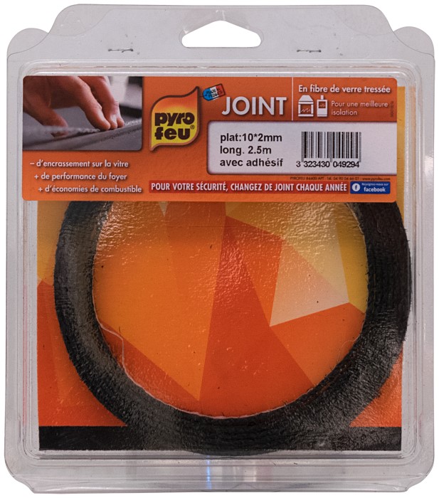 Joint plat noir pour foyer, insert de cheminée, poêle, fours 10x2mm adhésif PYROFEU