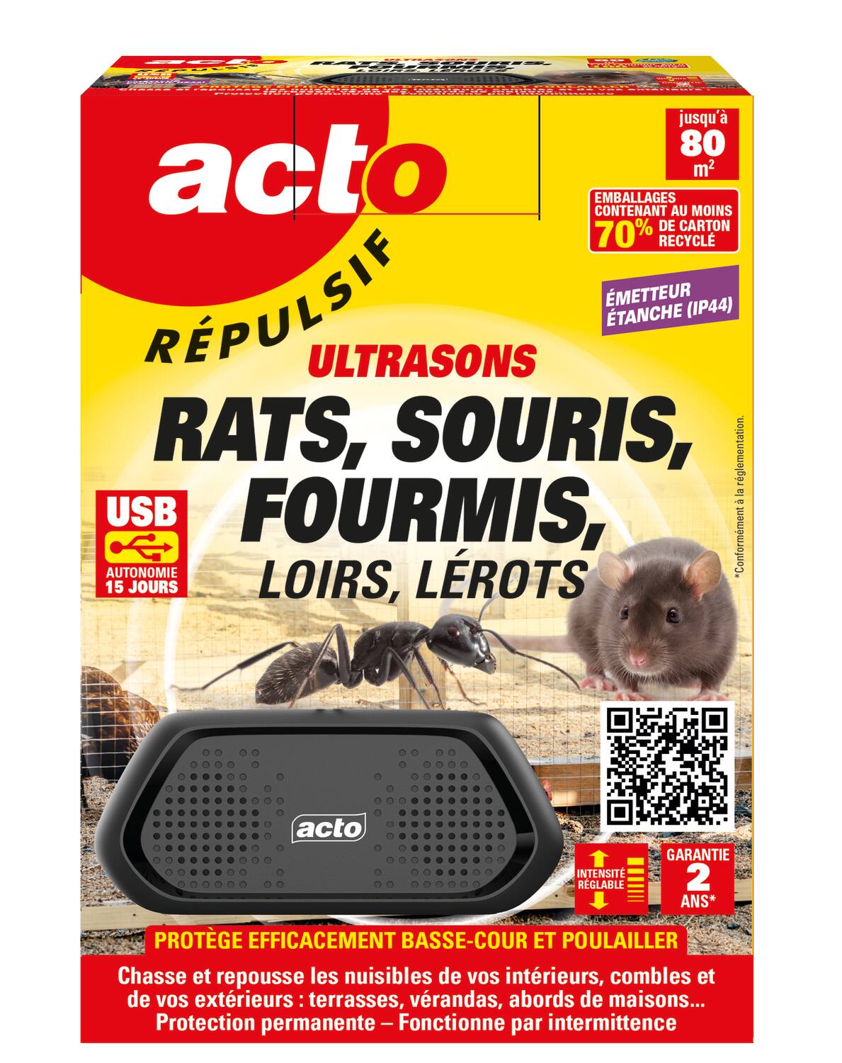 Répulsif Ultrasons Rats/Souris/Fourmis 80m² - ACTO