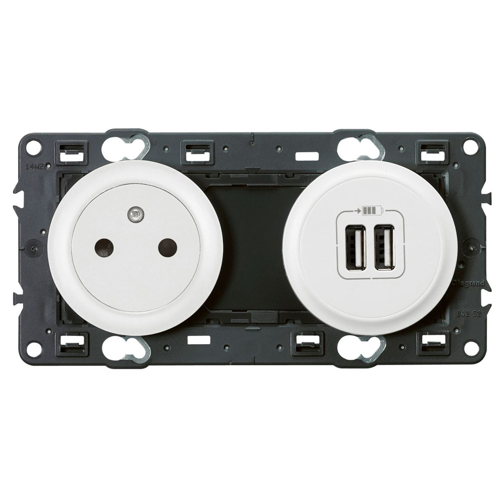 Prise de courant double + terre + chargeur USB Céliane blanc - LEGRAND