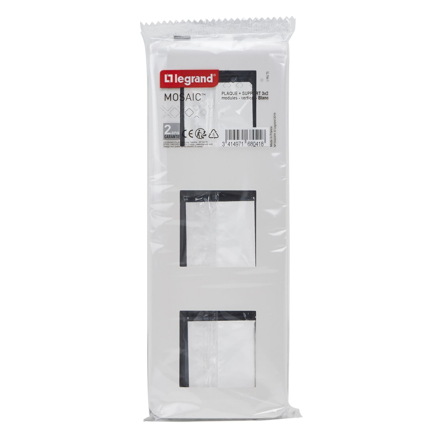 Plaque avec Support Mosaic 3x2 Modules Montage Vertical Blanc