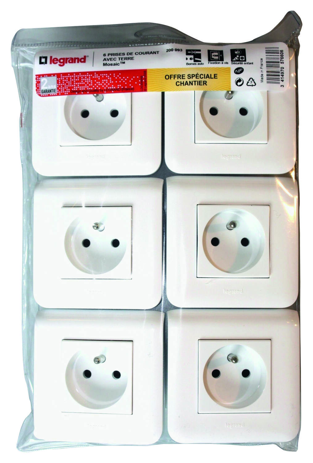 6 prises de courant Surface Mosaic blanc complet avec plaque et fixation à vis