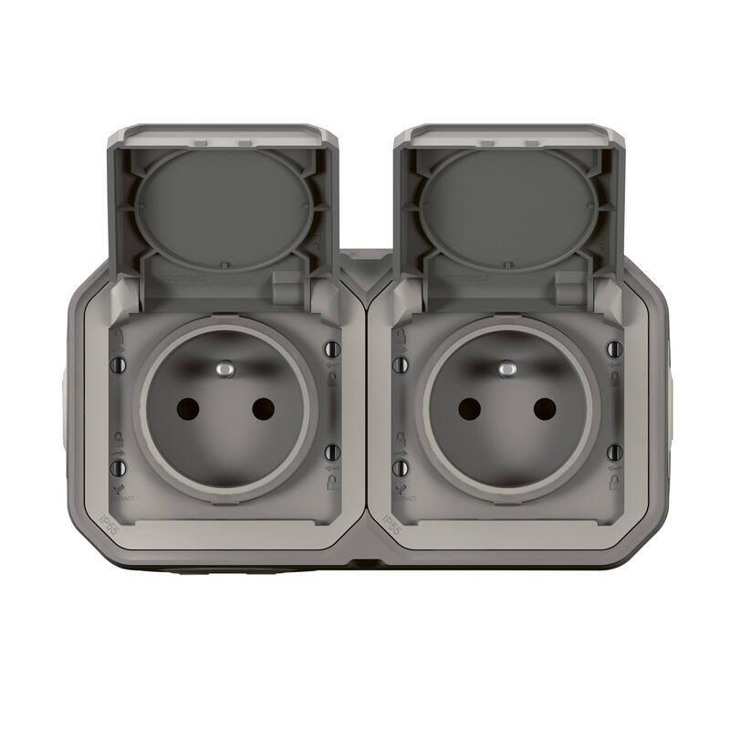 Double prise de courant horizontale avec volet Plexo complet saillie gris 16A - LEGRAND