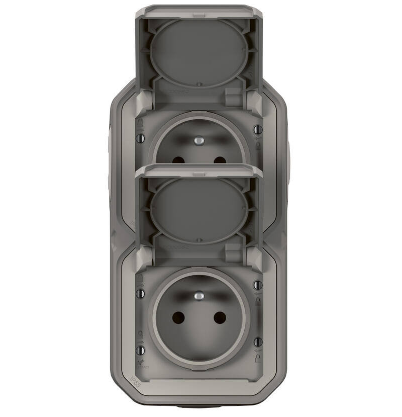 Double prise de courant verticale avec volet Plexo complet saillie gris 16A - LEGRAND