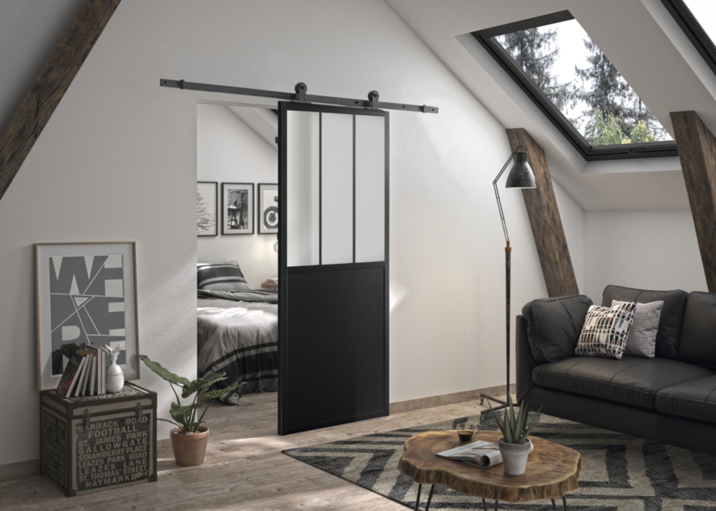 Kit porte coulissante atelier noir 830 mm - rail apparent