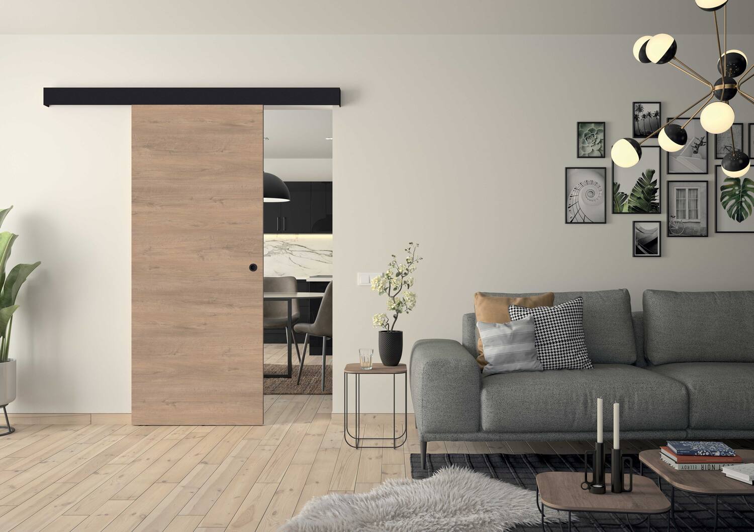 Kit porte coulissante chêne clair bandeau noir 204x83cm Rio - OPTIMUM