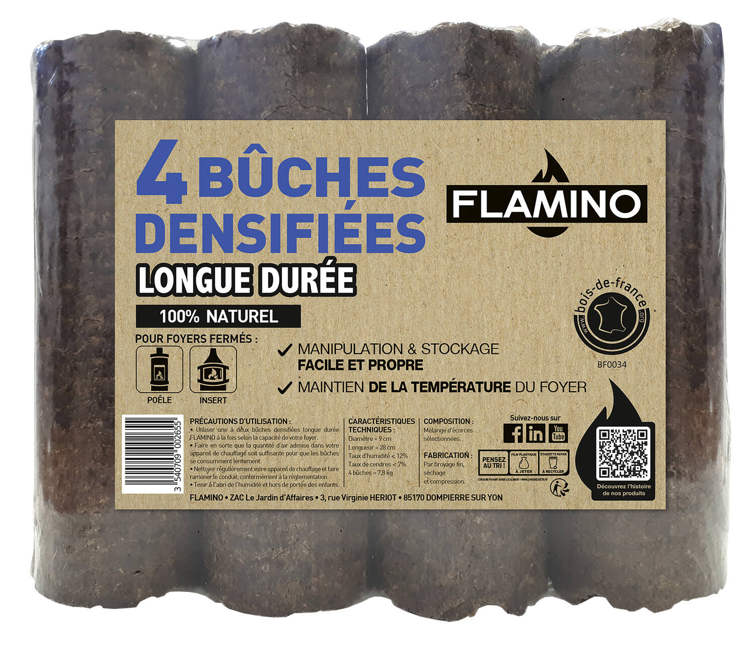 4 Bûches densifiées longue durée - FLAMINO