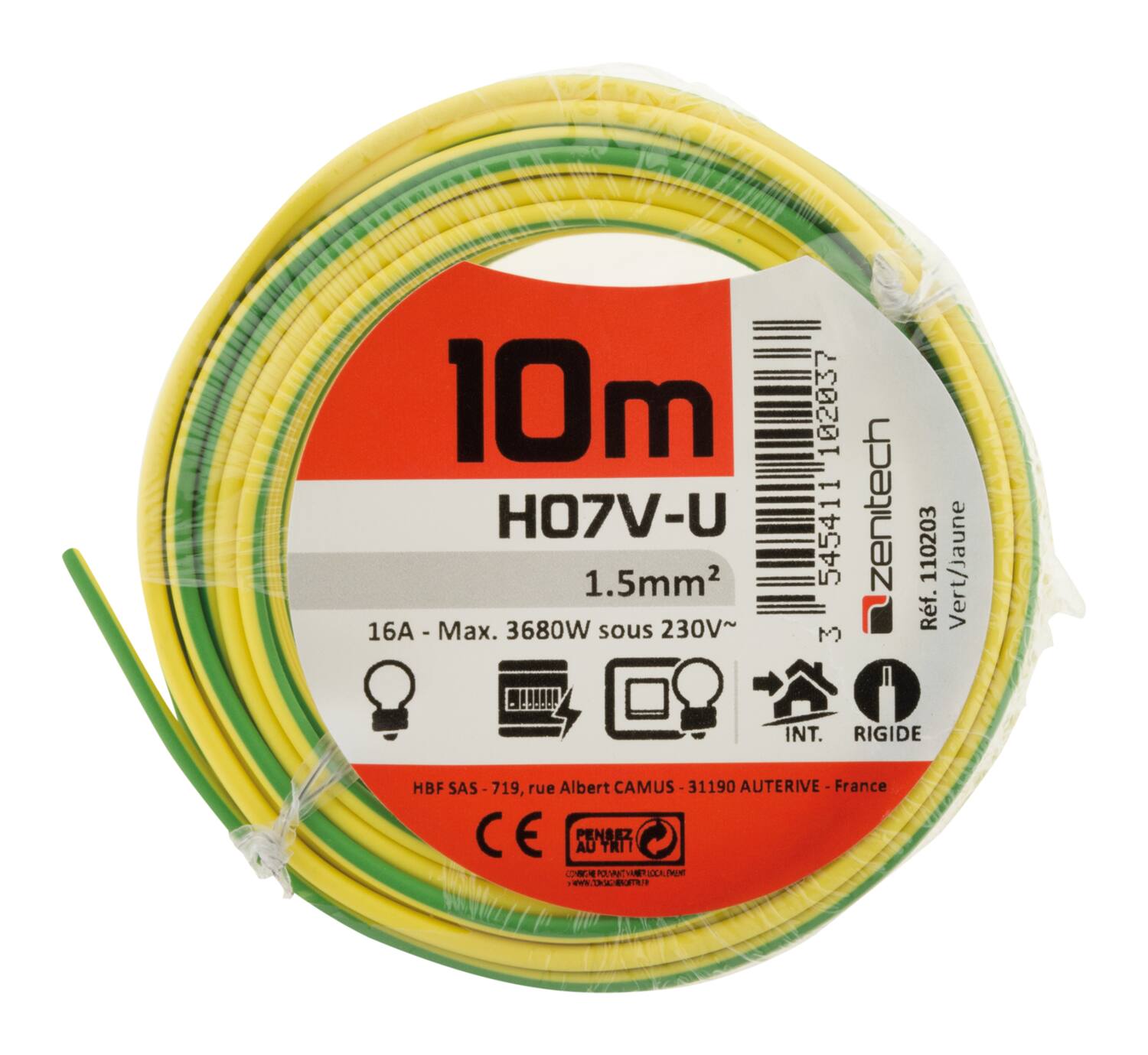 Cable ho7vu 1.5 vert/jaune 10m - PLASTO