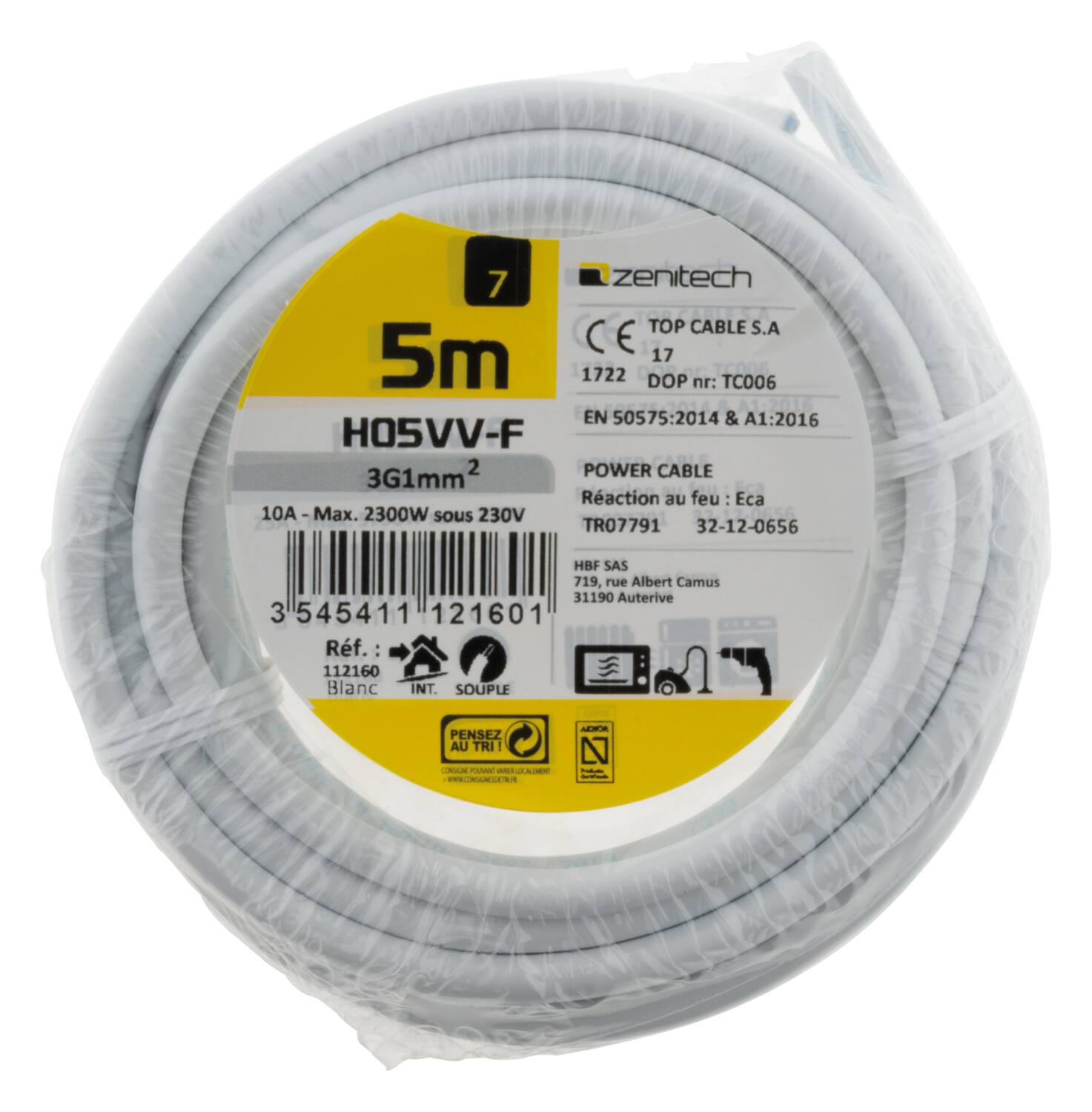 Cable ho5vvf 3x1 blanc 5m - PLASTO