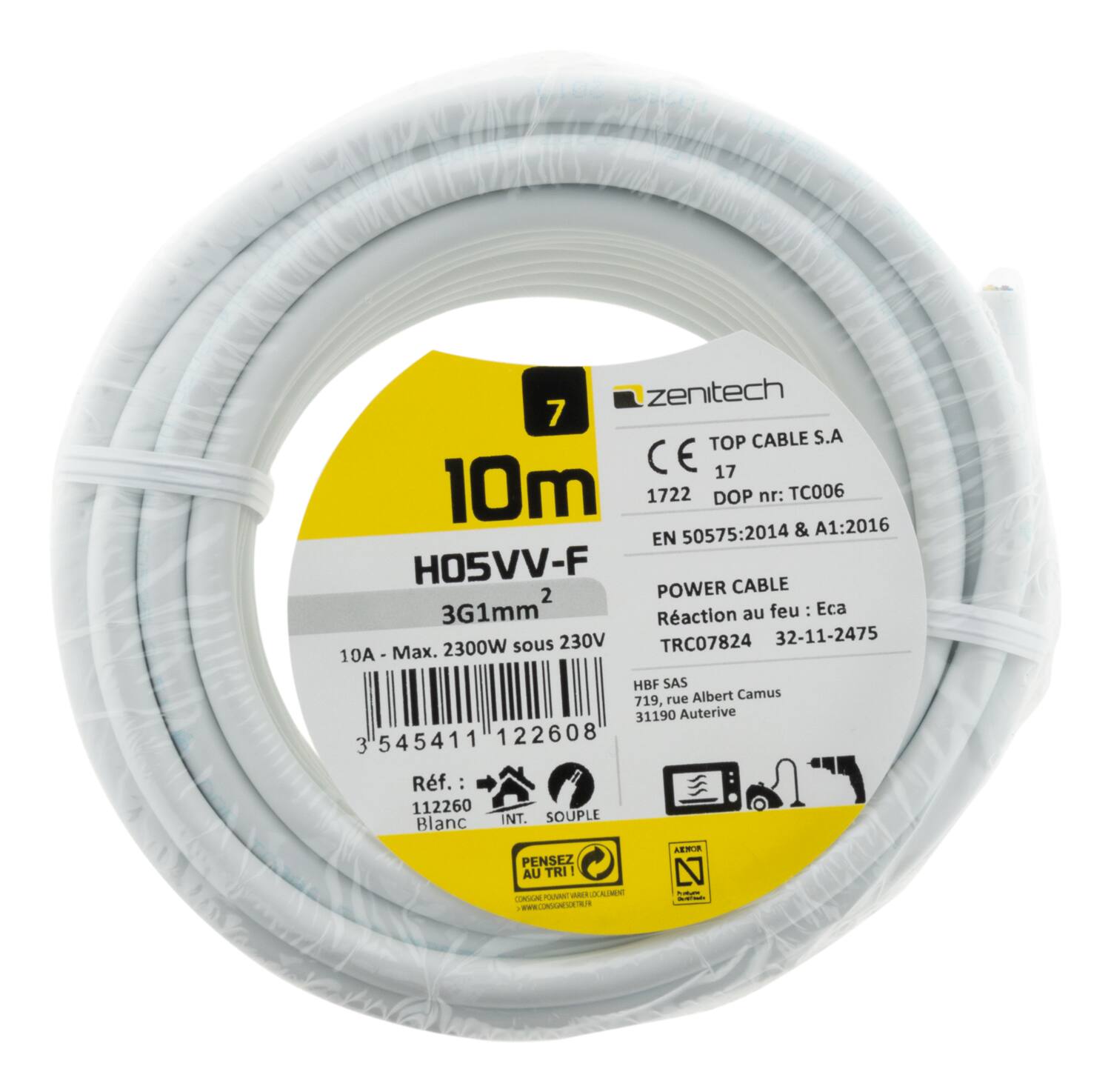 Cable ho5vvf 3x1 blanc 10m - PLASTO