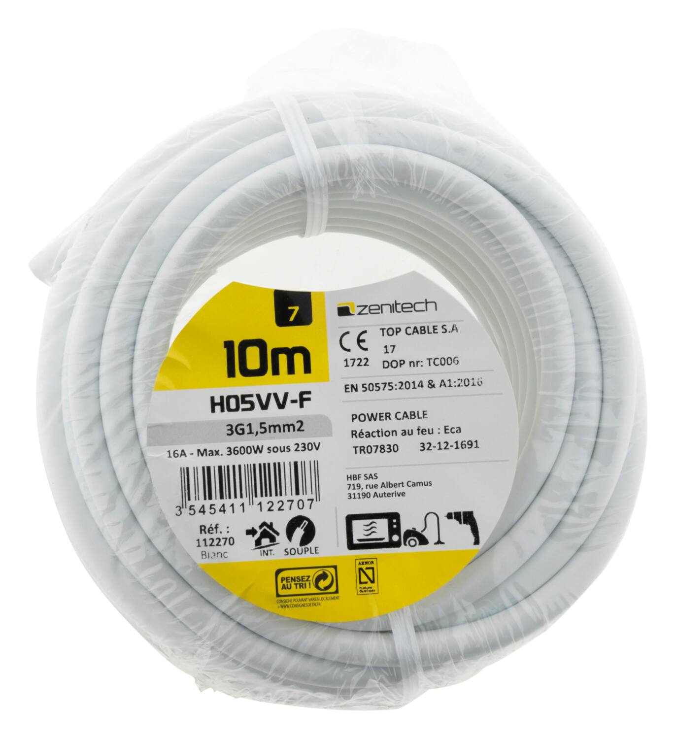 Cable ho5vvf 3x1.5 blanc 10m - plasto - INOTECH