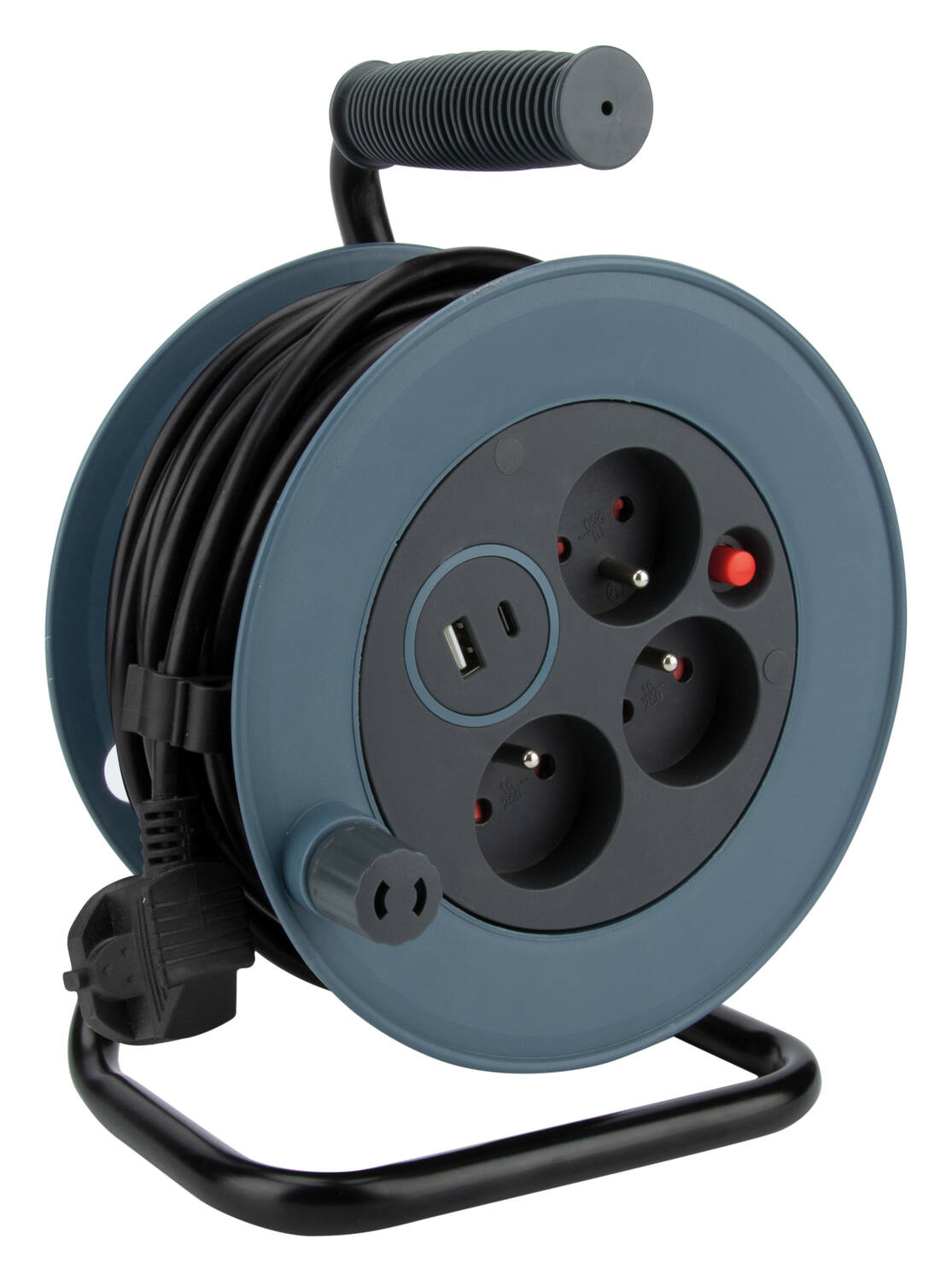 Enrouleur ménager compact de 12m 3 prises + 2 USB Gris - ZENITECH