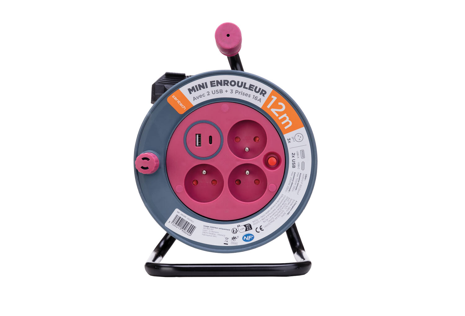 Enrouleur ménager compact de 12m 3 prises + 2 USB Rose - ZENITECH