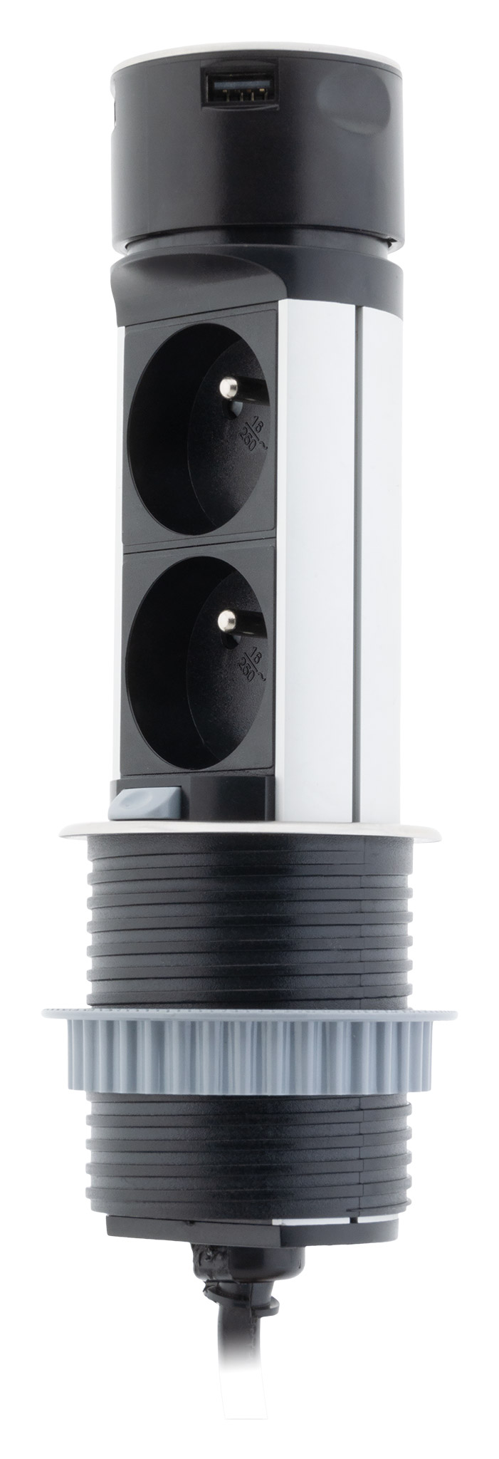 Bloc escamotable Ø60mm 2 prises 16A + 2 chargeurs