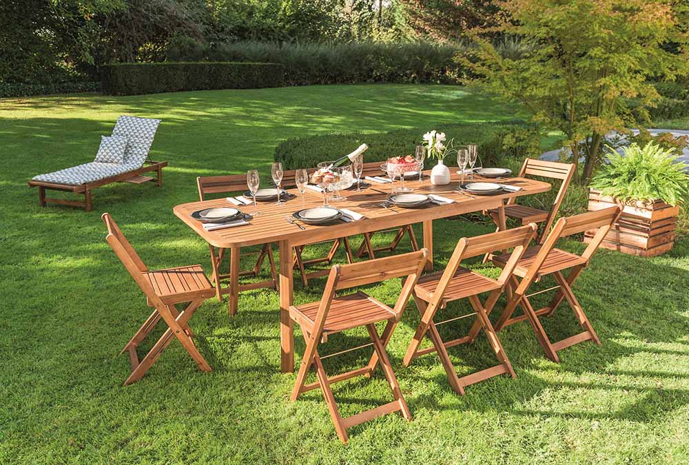 Salon de jardin acacia 8 places 160/210x91,5x76cm - INVENTIV